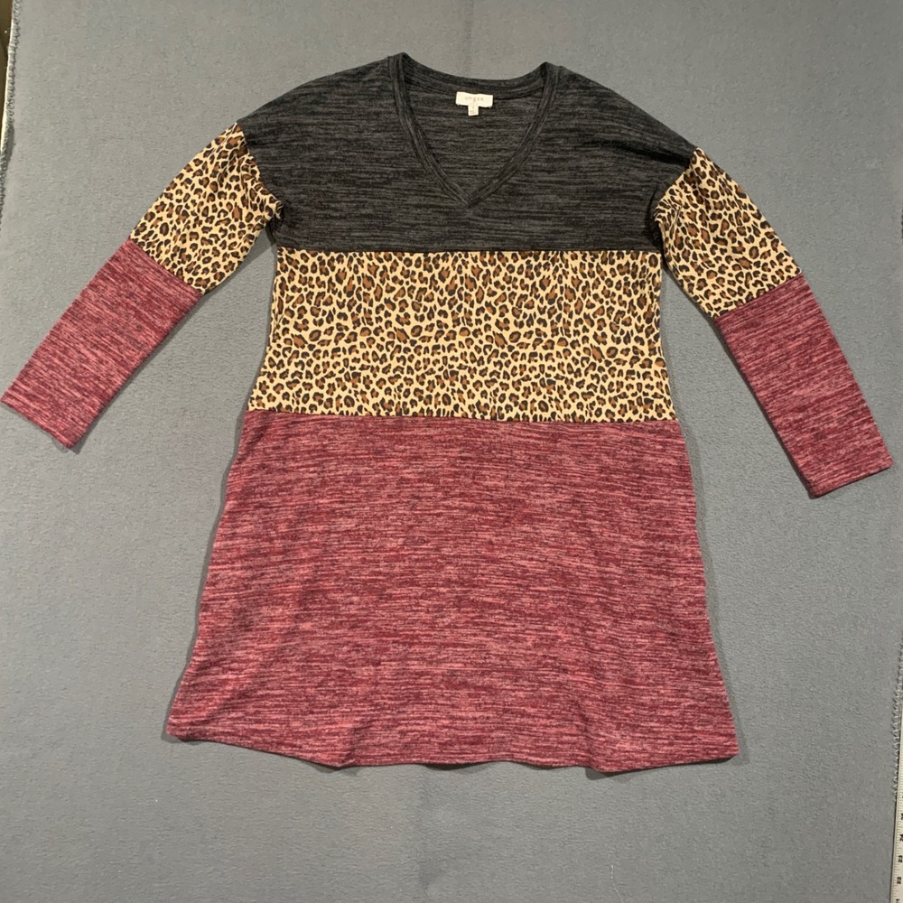 Umgee Womens Leopard Colorblock V-Neck Tunic Dress Marled Knit Red Gray Size S